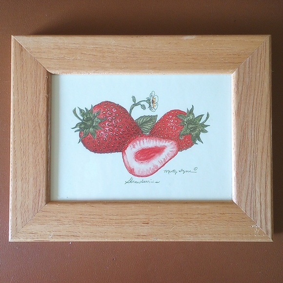 Other - Vintage "Strawberries" Art Print by Marty Fzne.  Oak Frame w/ Glass